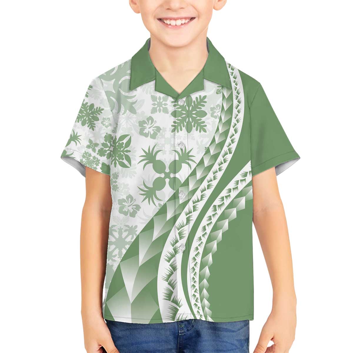 Green Hawaiian Quilt Pattern Family Matching Off The Shoulder Long Sleeve Dress and Hawaiian Shirt Mixed Polynesian Tribal Arty