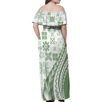 Green Hawaiian Quilt Pattern Family Matching Off Shoulder Maxi Dress and Hawaiian Shirt Mixed Polynesian Tribal Arty