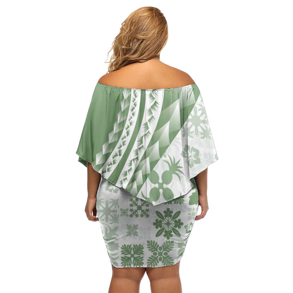 Green Hawaiian Quilt Pattern Family Matching Off Shoulder Short Dress and Hawaiian Shirt Mixed Polynesian Tribal Arty
