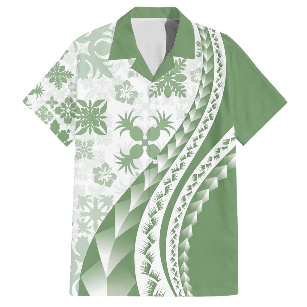 Green Hawaiian Quilt Pattern Family Matching Puletasi and Hawaiian Shirt Mixed Polynesian Tribal Arty