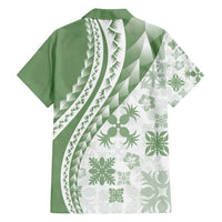 Green Hawaiian Quilt Pattern Family Matching Puletasi and Hawaiian Shirt Mixed Polynesian Tribal Arty