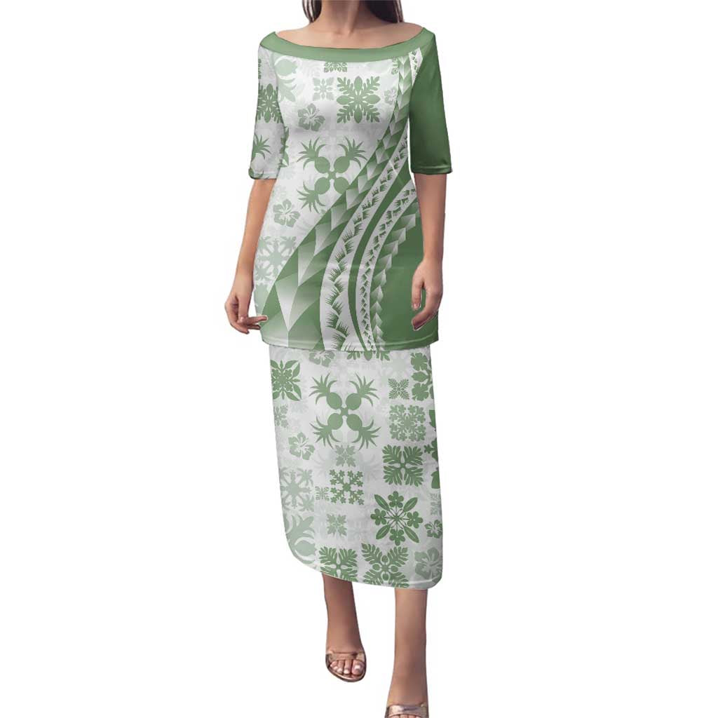 Green Hawaiian Quilt Pattern Family Matching Puletasi and Hawaiian Shirt Mixed Polynesian Tribal Arty