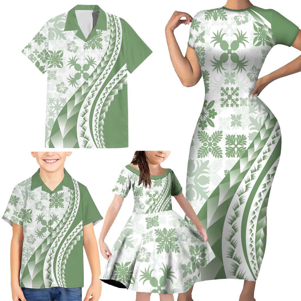 Green Hawaiian Quilt Pattern Family Matching Short Sleeve Bodycon Dress and Hawaiian Shirt Mixed Polynesian Tribal Arty LT9 - Polynesian Pride