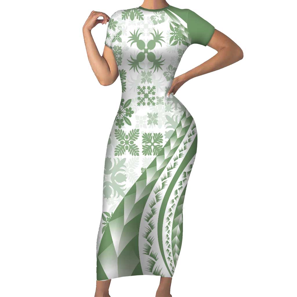 Green Hawaiian Quilt Pattern Family Matching Short Sleeve Bodycon Dress and Hawaiian Shirt Mixed Polynesian Tribal Arty LT9 Mom's Dress Green - Polynesian Pride