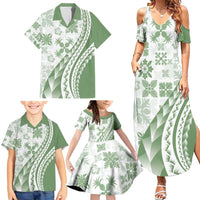 Green Hawaiian Quilt Pattern Family Matching Summer Maxi Dress and Hawaiian Shirt Mixed Polynesian Tribal Arty
