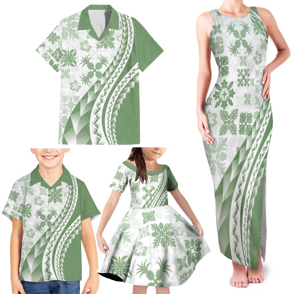Green Hawaiian Quilt Pattern Family Matching Tank Maxi Dress and Hawaiian Shirt Mixed Polynesian Tribal Arty
