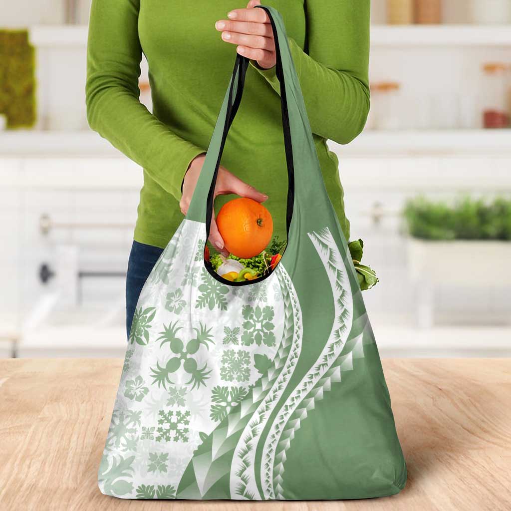 Green Hawaiian Quilt Pattern Grocery Bag Mixed Polynesian Tribal Arty