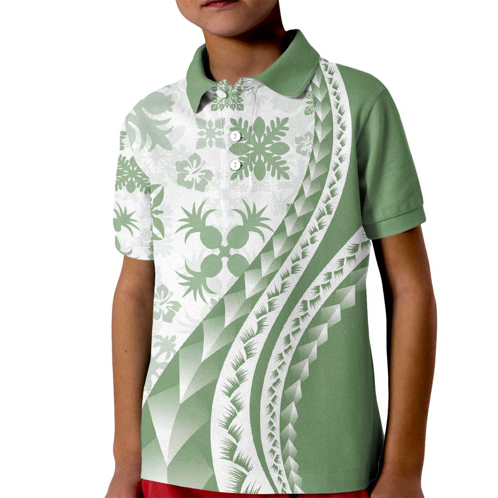 Green Hawaiian Quilt Pattern Kid Polo Shirt Mixed Polynesian Tribal Arty