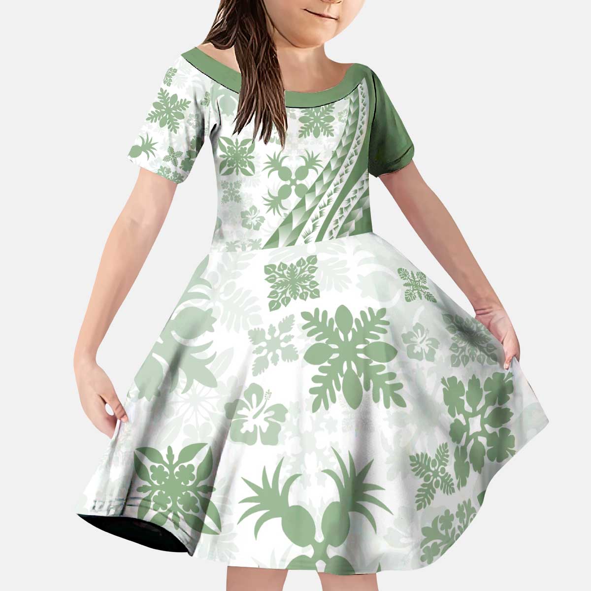 Green Hawaiian Quilt Pattern Kid Short Sleeve Dress Mixed Polynesian Tribal Arty