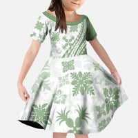 Green Hawaiian Quilt Pattern Kid Short Sleeve Dress Mixed Polynesian Tribal Arty