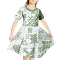 Green Hawaiian Quilt Pattern Kid Short Sleeve Dress Mixed Polynesian Tribal Arty
