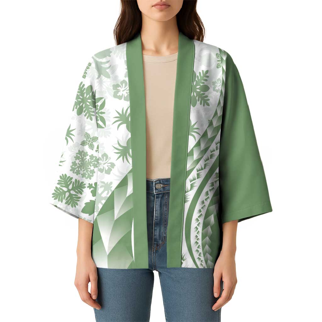 Green Hawaiian Quilt Pattern Kimono Mixed Polynesian Tribal Arty - Polynesian Pride