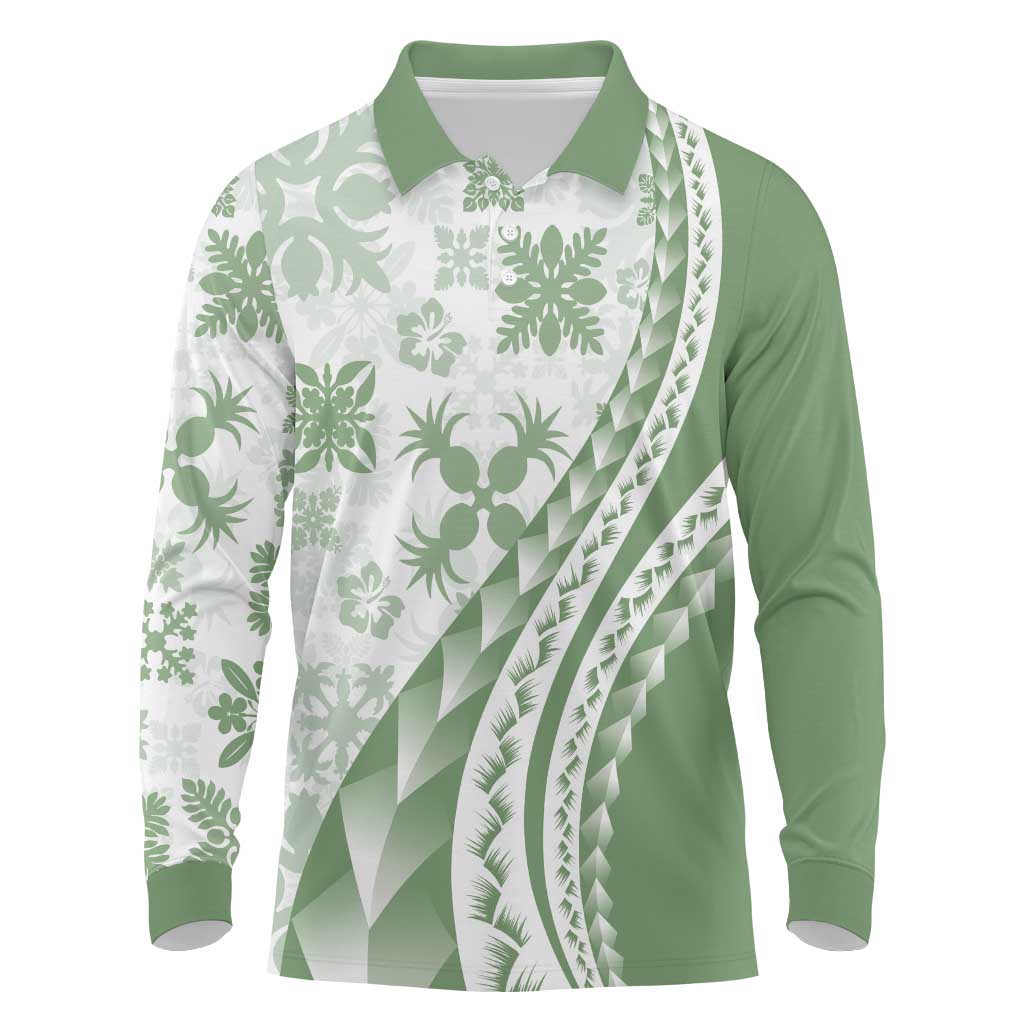 Green Hawaiian Quilt Pattern Long Sleeve Polo Shirt Mixed Polynesian Tribal Arty