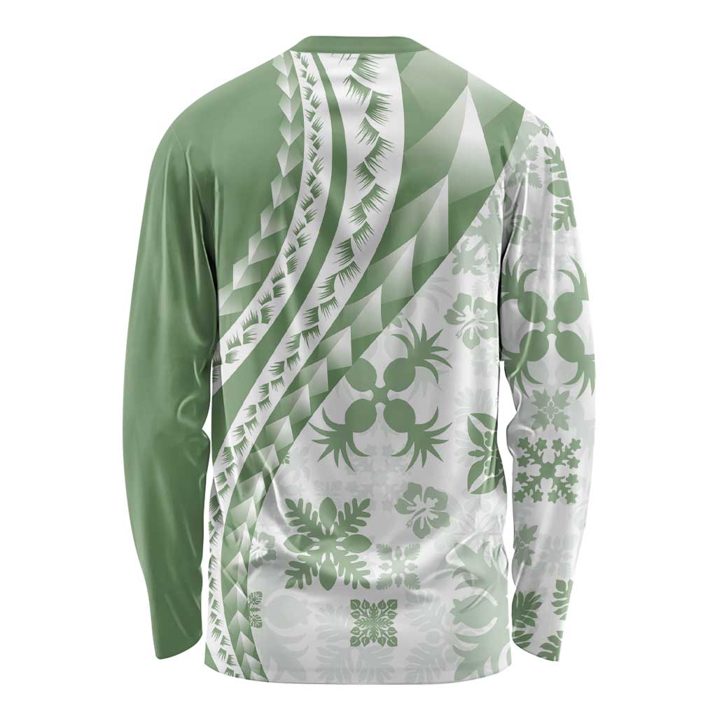 Green Hawaiian Quilt Pattern Long Sleeve Shirt Mixed Polynesian Tribal Arty