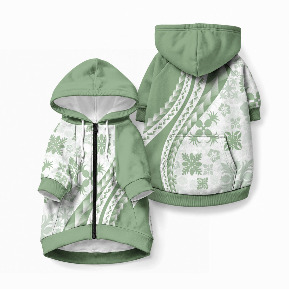 Green Hawaiian Quilt Pattern Pet Hoodie Mixed Polynesian Tribal Arty LT9 Zip-up Green - Polynesian Pride