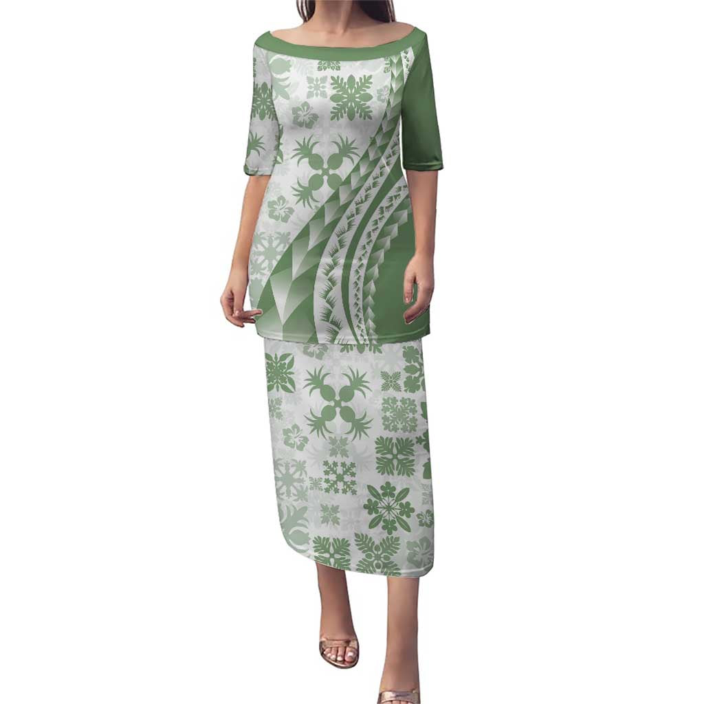 Green Hawaiian Quilt Pattern Puletasi Mixed Polynesian Tribal Arty