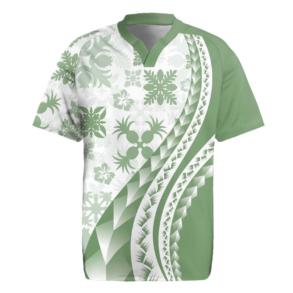 Green Hawaiian Quilt Pattern Rugby Jersey Mixed Polynesian Tribal Arty
