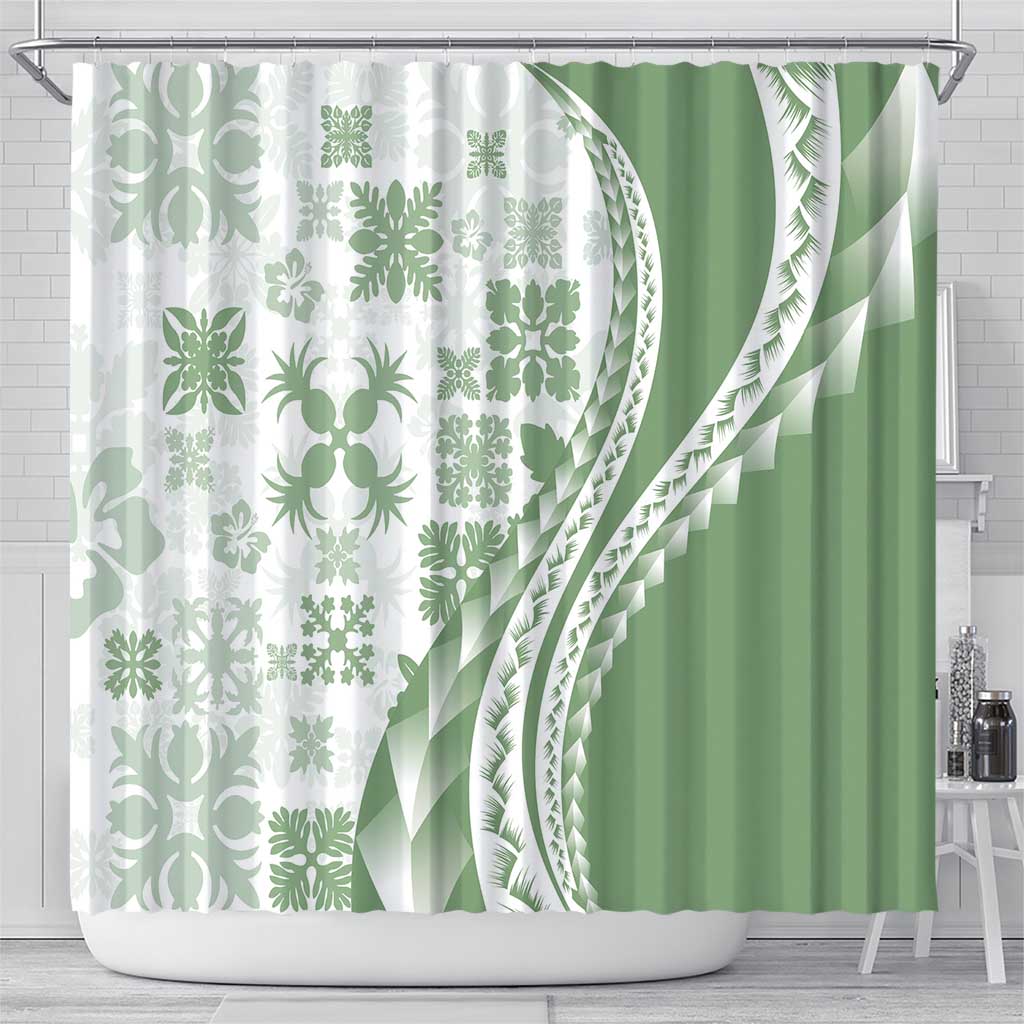Green Hawaiian Quilt Pattern Shower Curtain Mixed Polynesian Tribal Arty