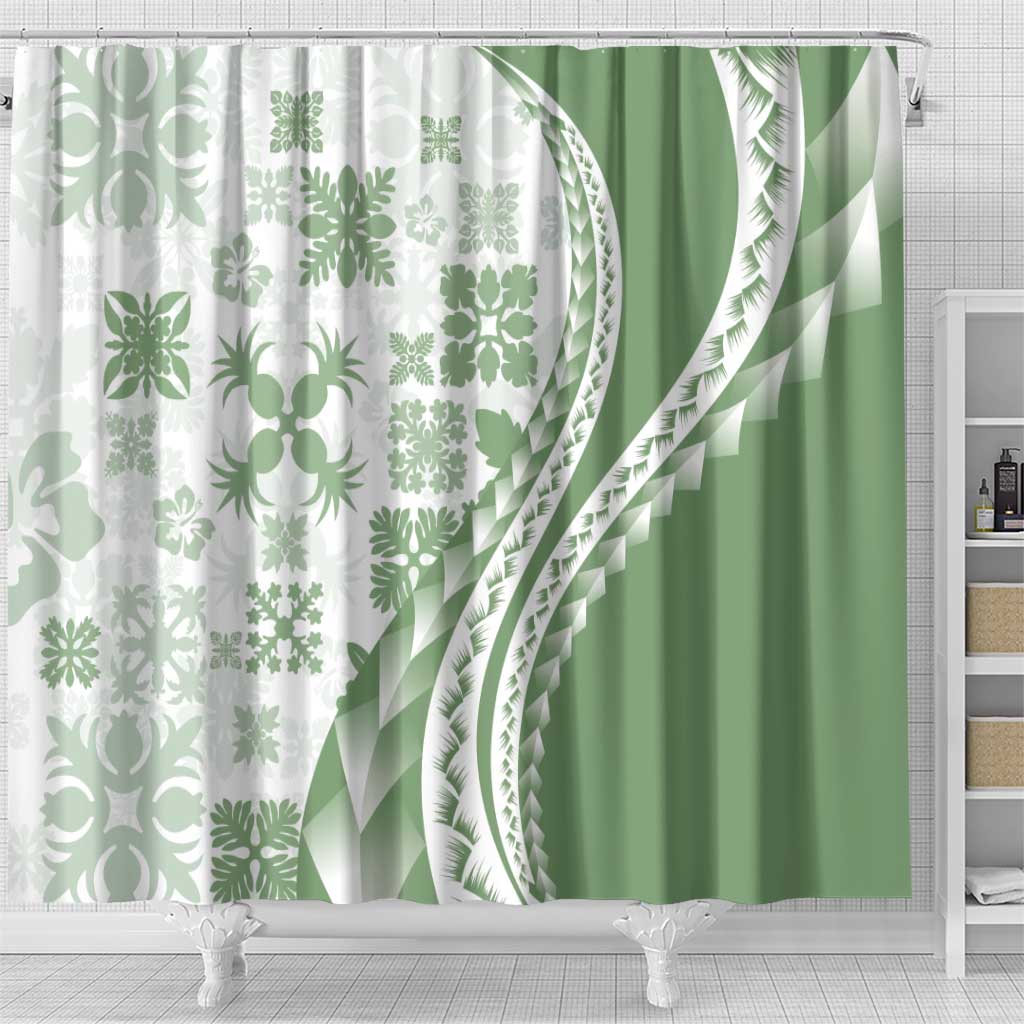 Green Hawaiian Quilt Pattern Shower Curtain Mixed Polynesian Tribal Arty