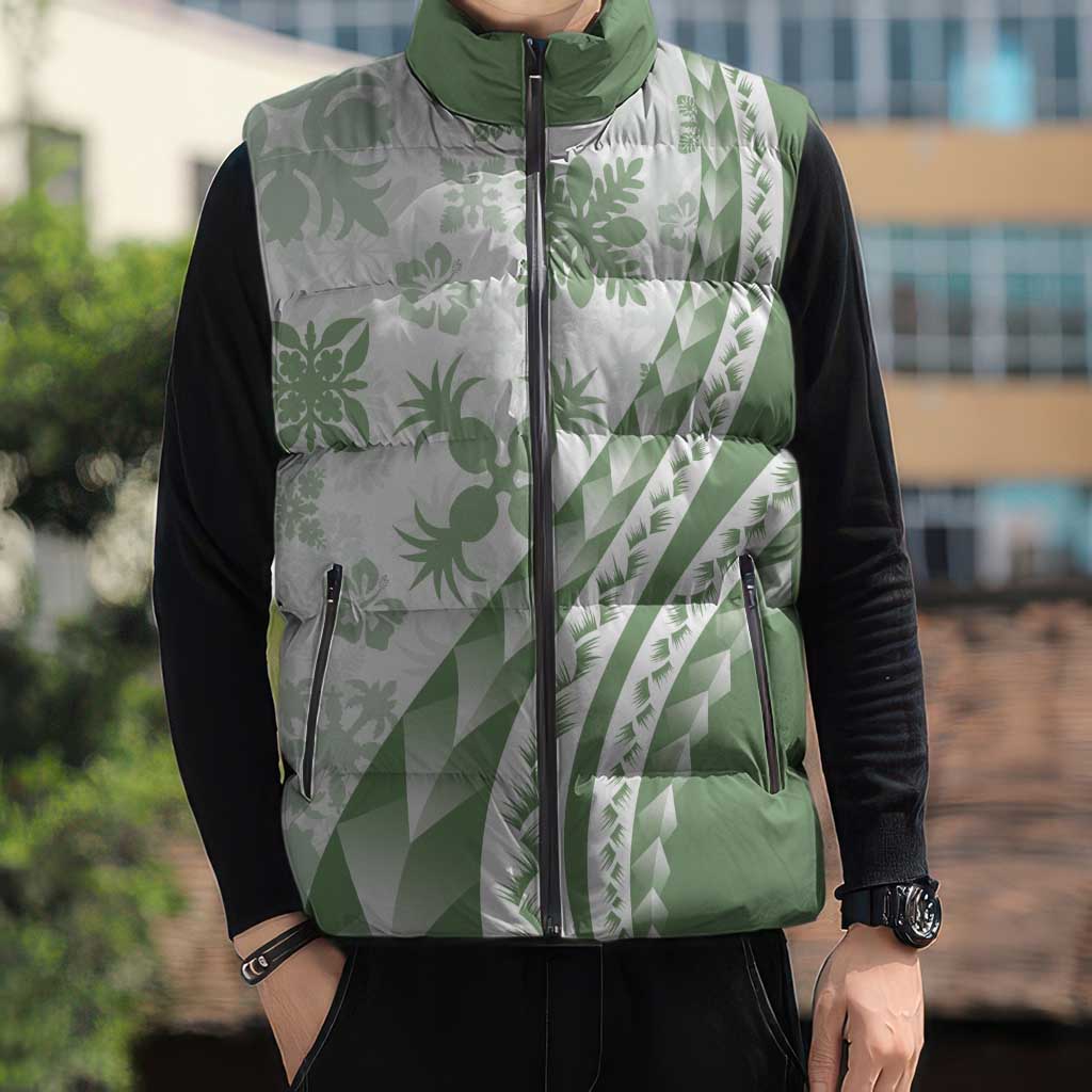 Green Hawaiian Quilt Pattern Sleeveless Puffer Jacket Mixed Polynesian Tribal Arty - Polynesian Pride