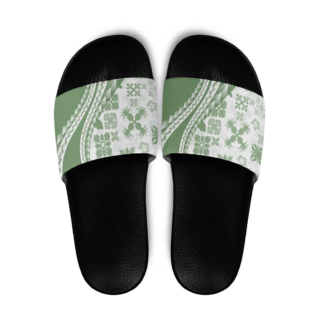 Green Hawaiian Quilt Pattern Slide Sandals Mixed Polynesian Tribal Arty - Polynesian Pride