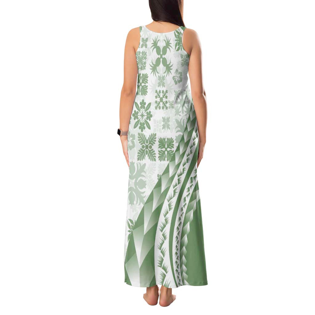 Green Hawaiian Quilt Pattern Tank Maxi Dress Mixed Polynesian Tribal Arty
