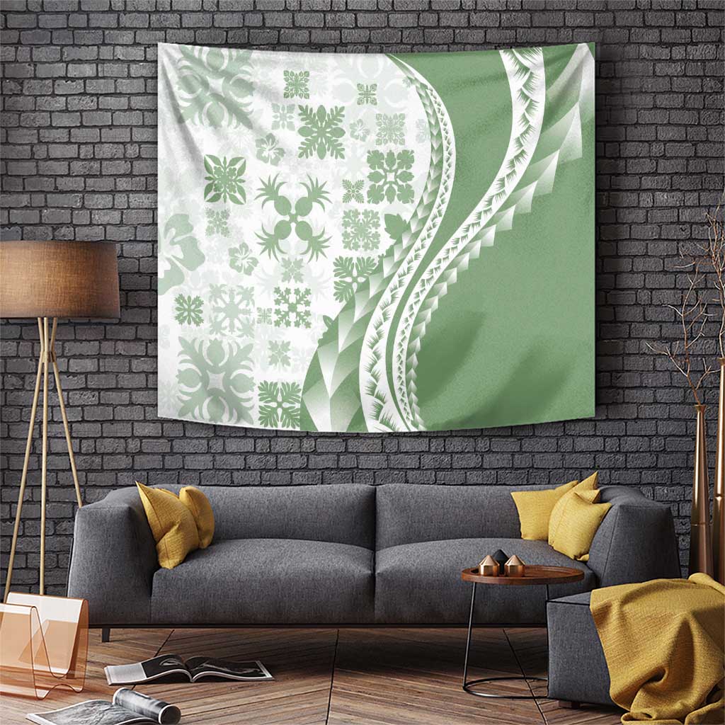Green Hawaiian Quilt Pattern Tapestry Mixed Polynesian Tribal Arty