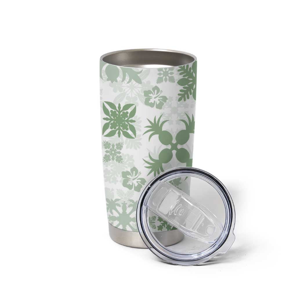 Green Hawaiian Quilt Pattern Tumbler Cup Mixed Polynesian Tribal Arty