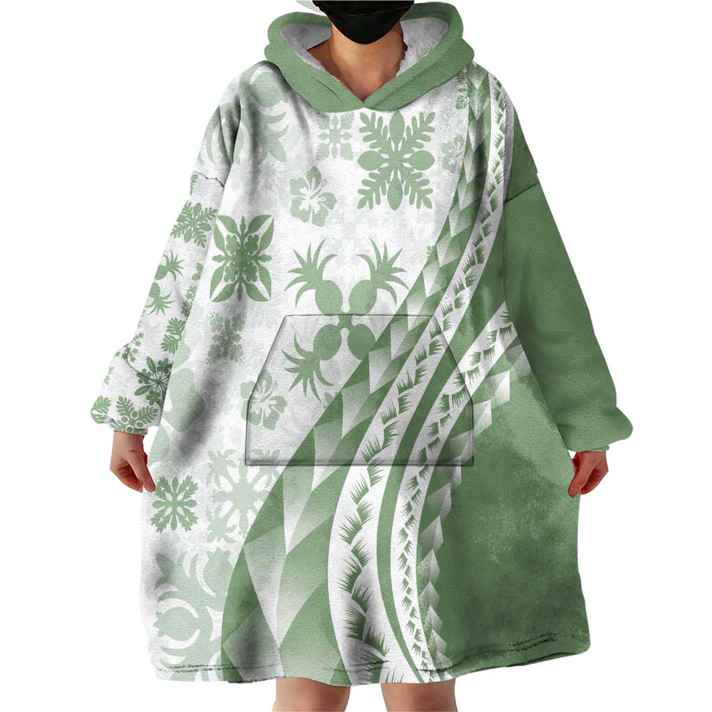 Green Hawaiian Quilt Pattern Wearable Blanket Hoodie Mixed Polynesian Tribal Arty
