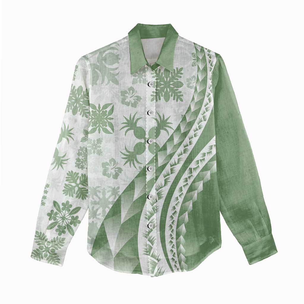 Green Hawaiian Quilt Pattern Women Casual Shirt Mixed Polynesian Tribal Arty