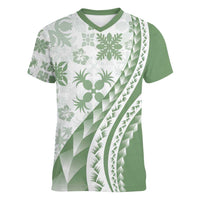 Green Hawaiian Quilt Pattern Women V-Neck T-Shirt Mixed Polynesian Tribal Arty