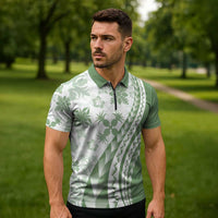 Green Hawaiian Quilt Pattern Zipper Polo Shirt Mixed Polynesian Tribal Arty - Polynesian Pride