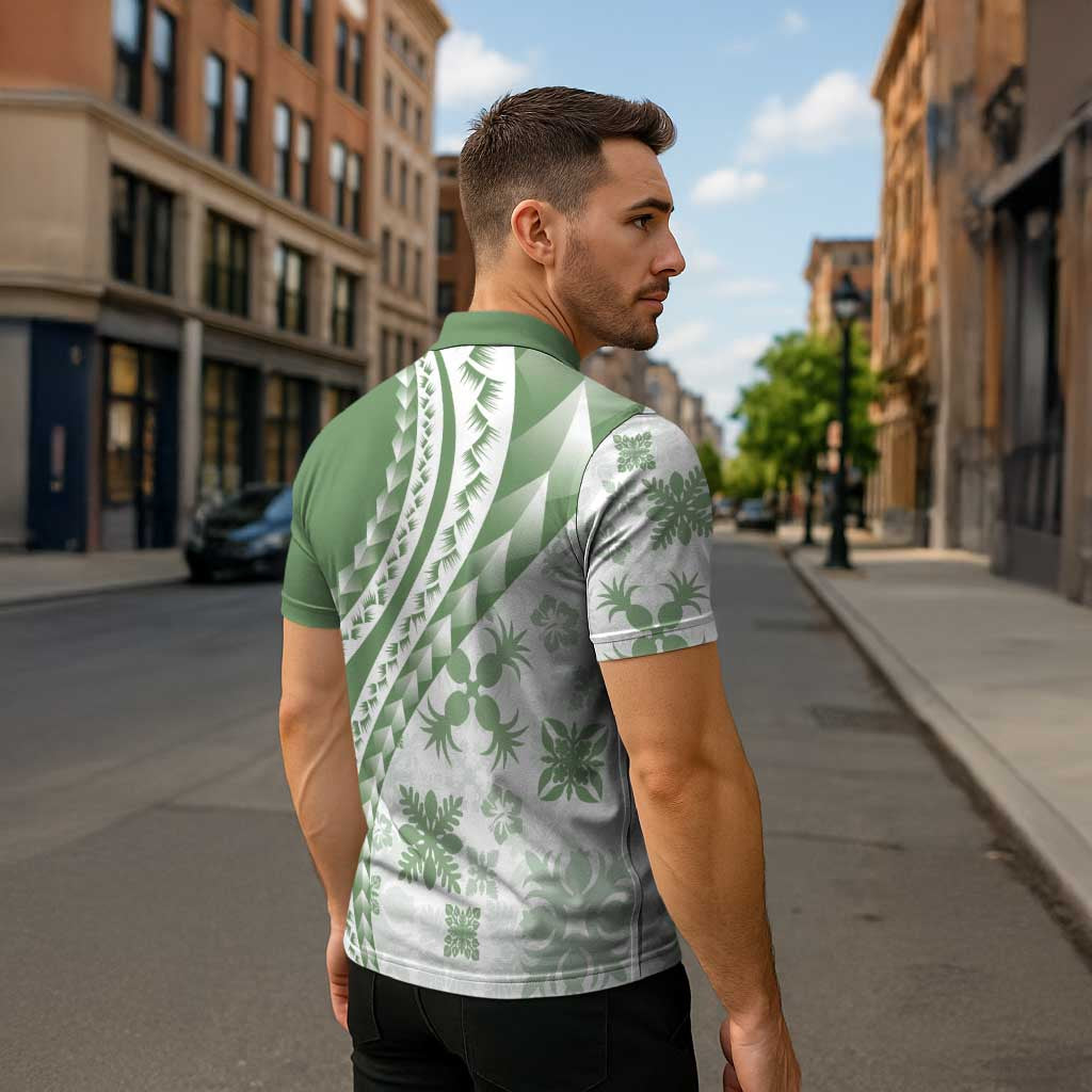 Green Hawaiian Quilt Pattern Zipper Polo Shirt Mixed Polynesian Tribal Arty - Polynesian Pride
