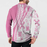 Pink Hawaiian Quilt Pattern Button Sweatshirt Mixed Polynesian Tribal Arty