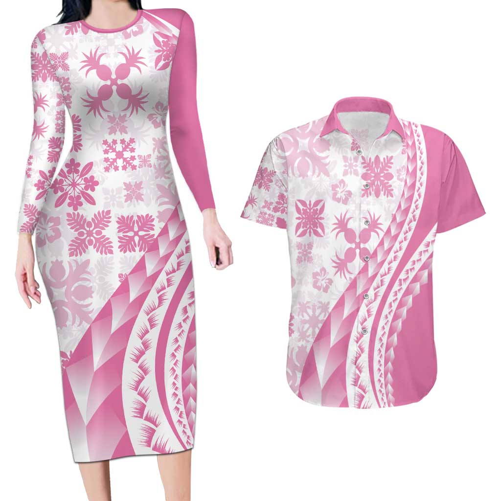 Pink Hawaiian Quilt Pattern Couples Matching Long Sleeve Bodycon Dress and Hawaiian Shirt Mixed Polynesian Tribal Arty