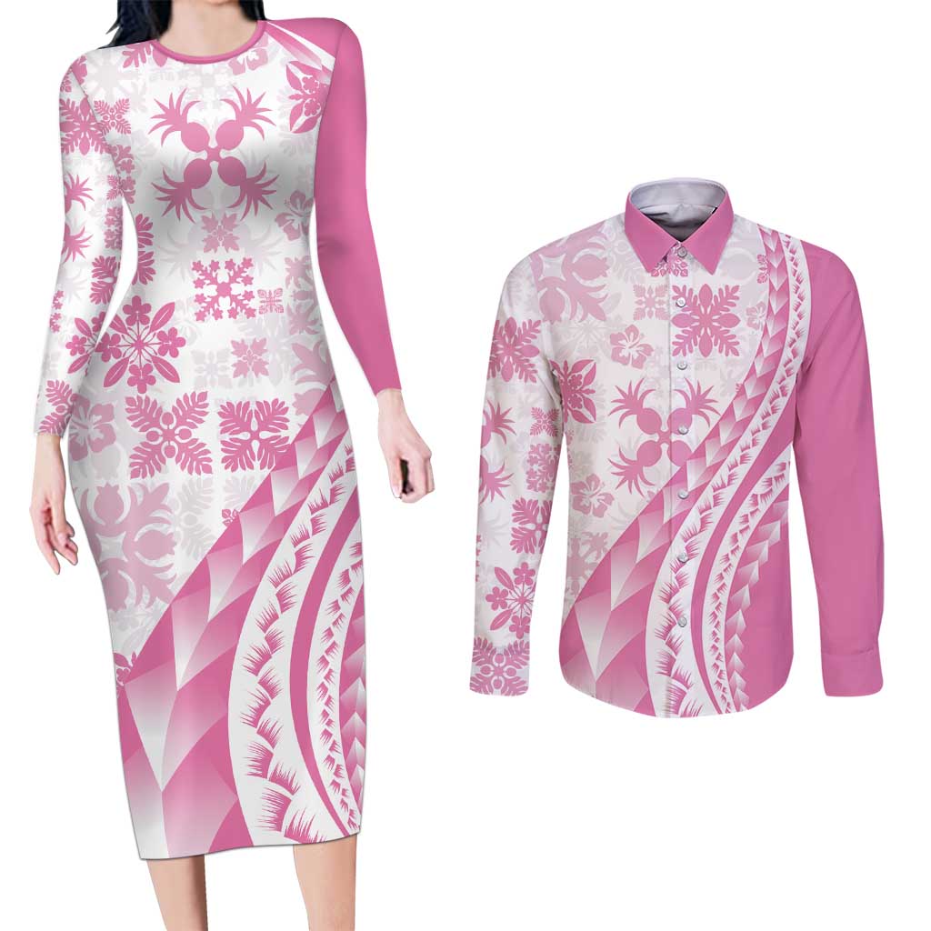 Pink Hawaiian Quilt Pattern Couples Matching Long Sleeve Bodycon Dress and Long Sleeve Button Shirt Mixed Polynesian Tribal Arty