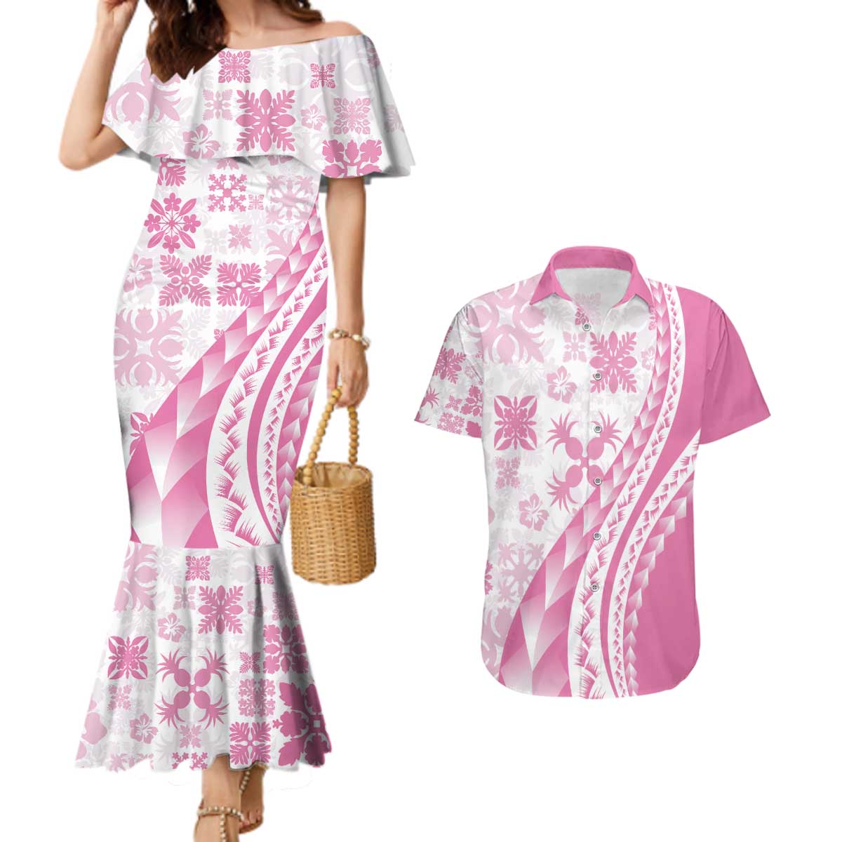 Pink Hawaiian Quilt Pattern Couples Matching Mermaid Dress and Hawaiian Shirt Mixed Polynesian Tribal Arty