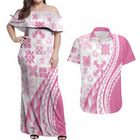 Pink Hawaiian Quilt Pattern Couples Matching Off Shoulder Maxi Dress and Hawaiian Shirt Mixed Polynesian Tribal Arty