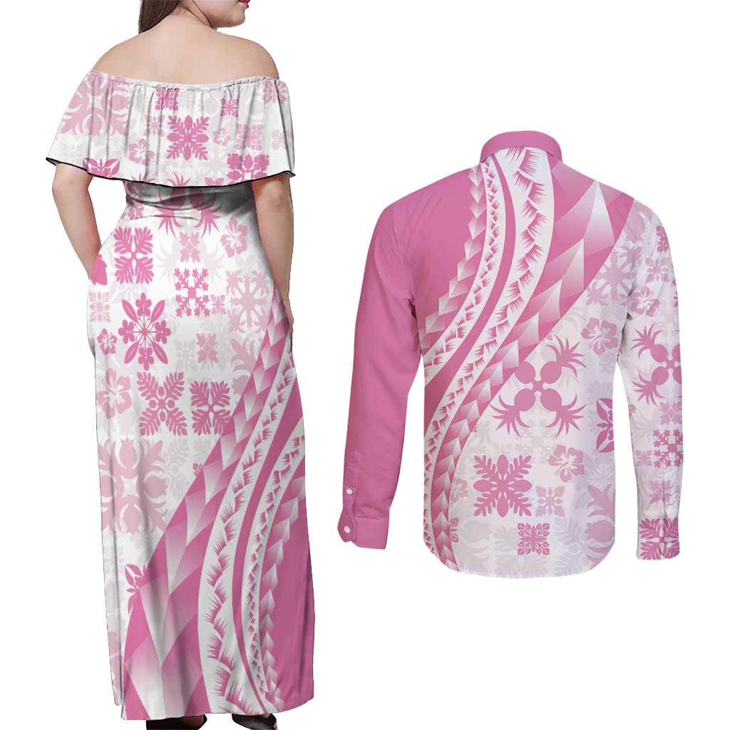 Pink Hawaiian Quilt Pattern Couples Matching Off Shoulder Maxi Dress and Long Sleeve Button Shirt Mixed Polynesian Tribal Arty