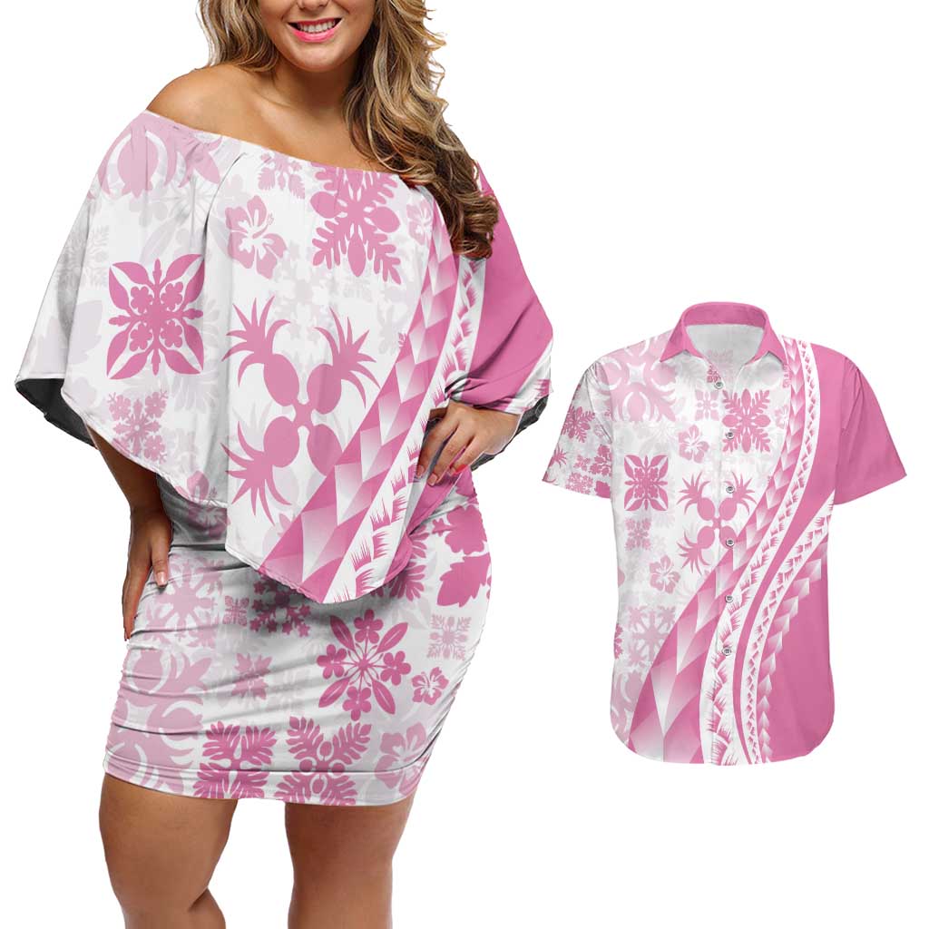 Pink Hawaiian Quilt Pattern Couples Matching Off Shoulder Short Dress and Hawaiian Shirt Mixed Polynesian Tribal Arty