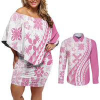 Pink Hawaiian Quilt Pattern Couples Matching Off Shoulder Short Dress and Long Sleeve Button Shirt Mixed Polynesian Tribal Arty