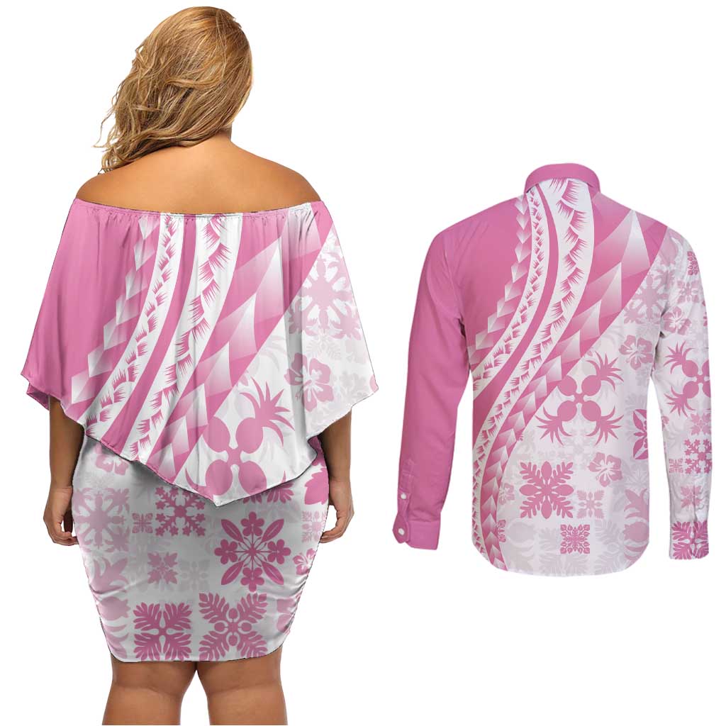 Pink Hawaiian Quilt Pattern Couples Matching Off Shoulder Short Dress and Long Sleeve Button Shirt Mixed Polynesian Tribal Arty