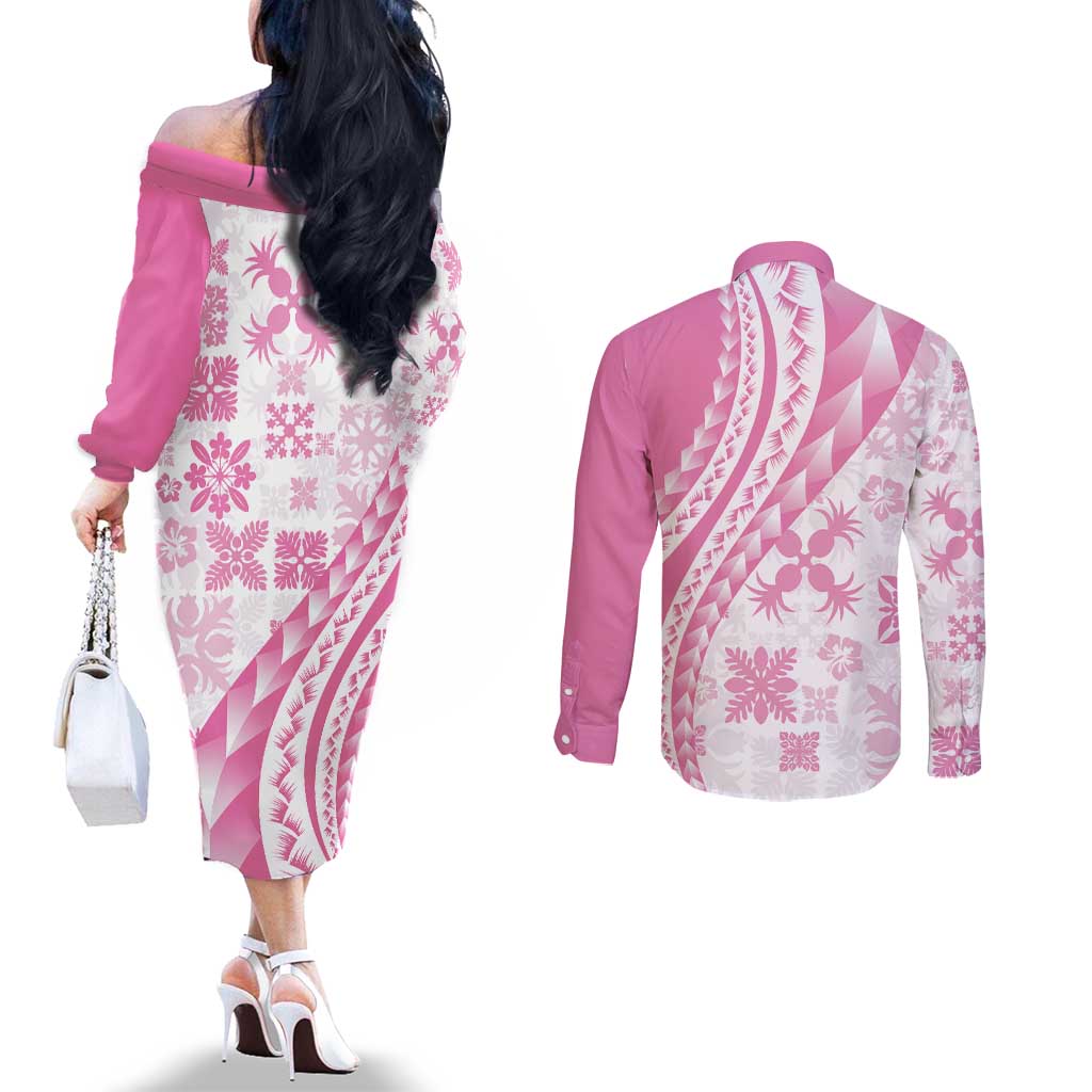 Pink Hawaiian Quilt Pattern Couples Matching Off The Shoulder Long Sleeve Dress and Long Sleeve Button Shirt Mixed Polynesian Tribal Arty