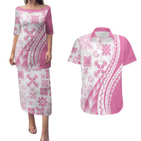 Pink Hawaiian Quilt Pattern Couples Matching Puletasi and Hawaiian Shirt Mixed Polynesian Tribal Arty