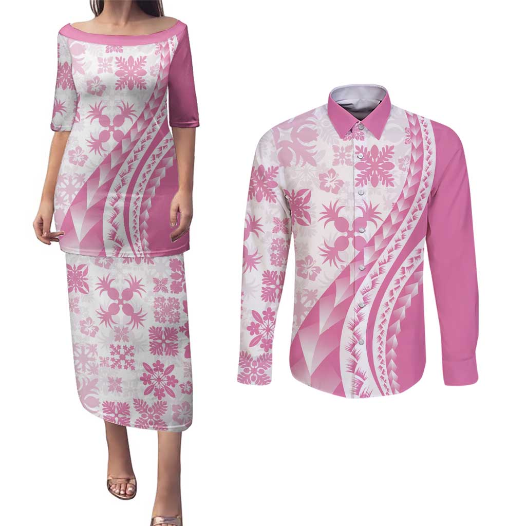 Pink Hawaiian Quilt Pattern Couples Matching Puletasi and Long Sleeve Button Shirt Mixed Polynesian Tribal Arty