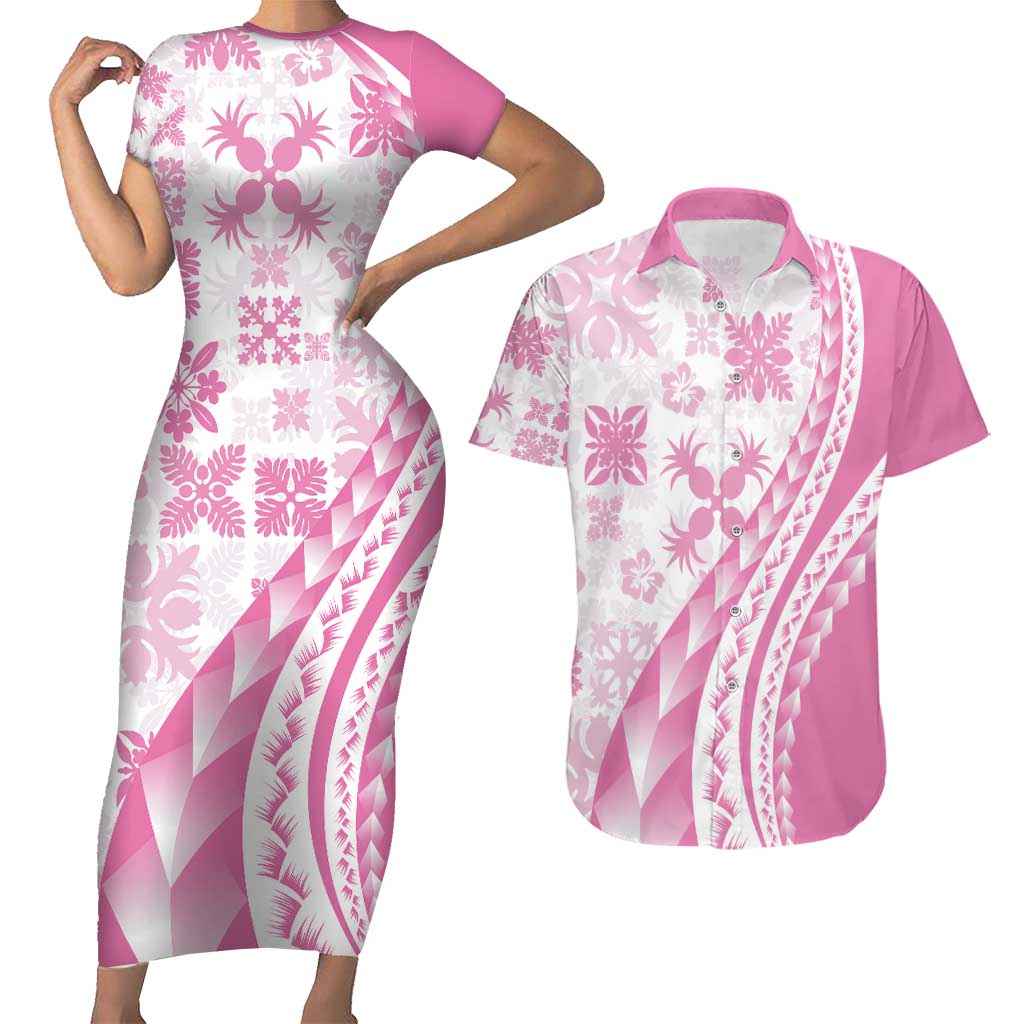 Pink Hawaiian Quilt Pattern Couples Matching Short Sleeve Bodycon Dress and Hawaiian Shirt Mixed Polynesian Tribal Arty