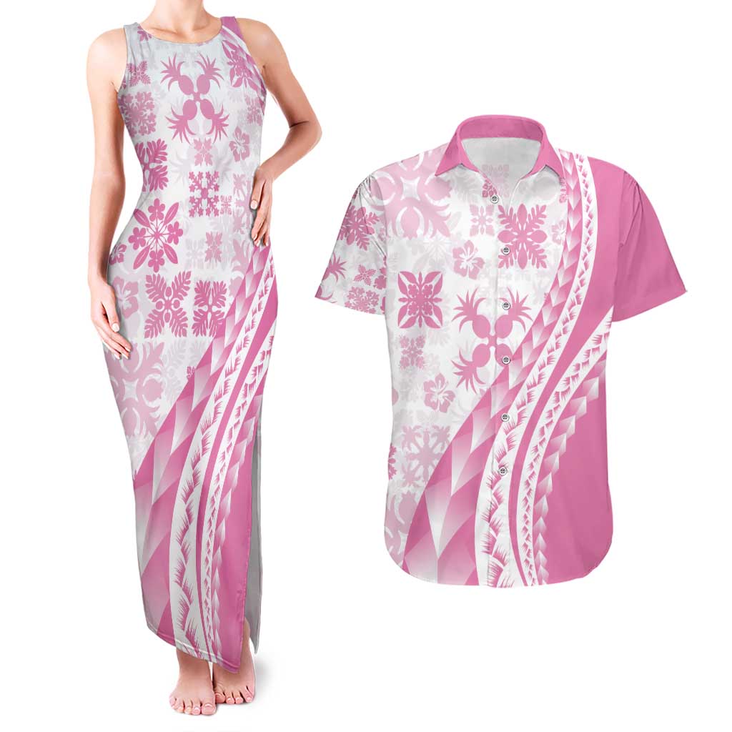 Pink Hawaiian Quilt Pattern Couples Matching Tank Maxi Dress and Hawaiian Shirt Mixed Polynesian Tribal Arty