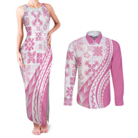 Pink Hawaiian Quilt Pattern Couples Matching Tank Maxi Dress and Long Sleeve Button Shirt Mixed Polynesian Tribal Arty