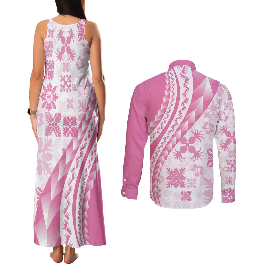 Pink Hawaiian Quilt Pattern Couples Matching Tank Maxi Dress and Long Sleeve Button Shirt Mixed Polynesian Tribal Arty