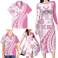 Pink Hawaiian Quilt Pattern Family Matching Long Sleeve Bodycon Dress and Hawaiian Shirt Mixed Polynesian Tribal Arty LT9 - Polynesian Pride